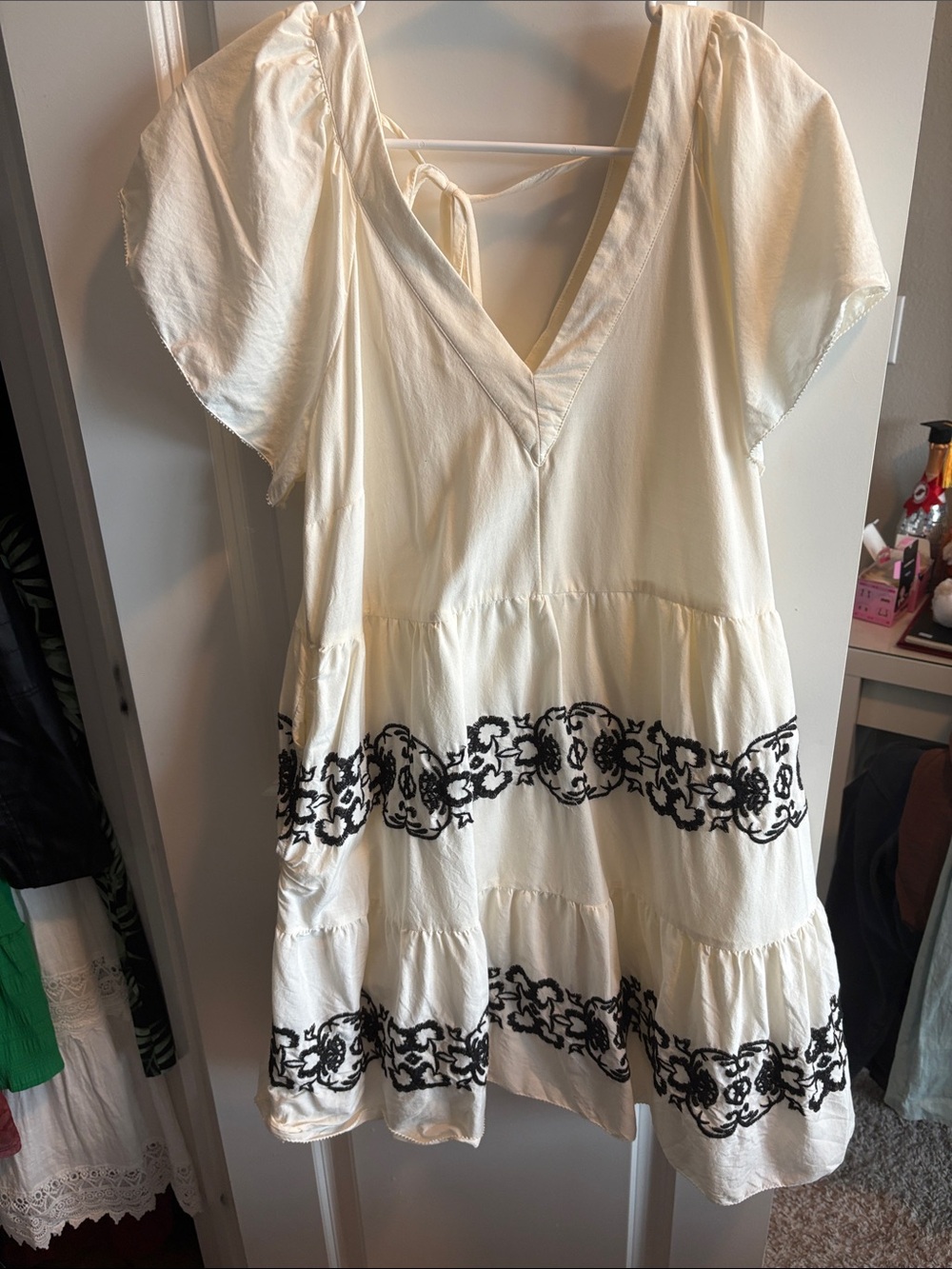 Old Navy Cream Dress with Black Embroidered Trim